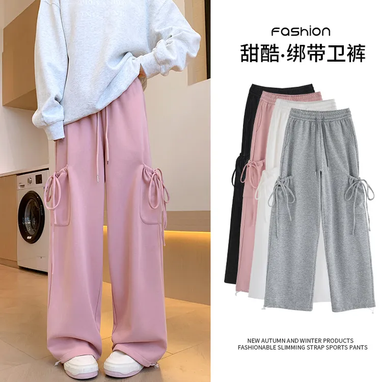 灰色运动裤裤女2025新款春秋款高腰垂感洛丽塔蝴蝶结绑带阔腿裤子