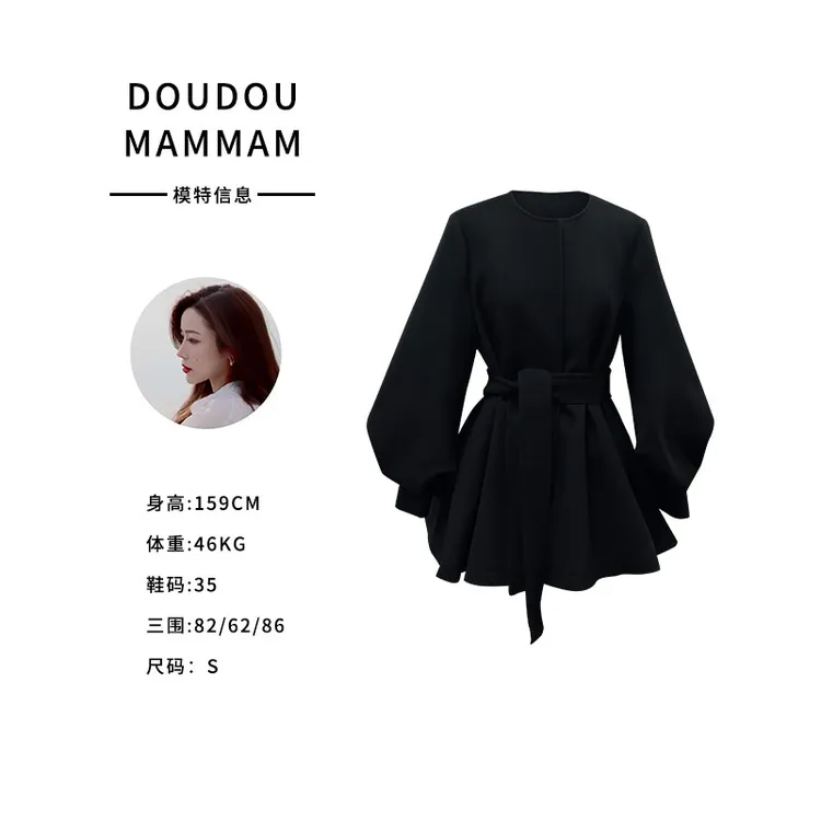 灯笼袖宽松型休闲风长袖圆领收腰复古气质毛呢大衣