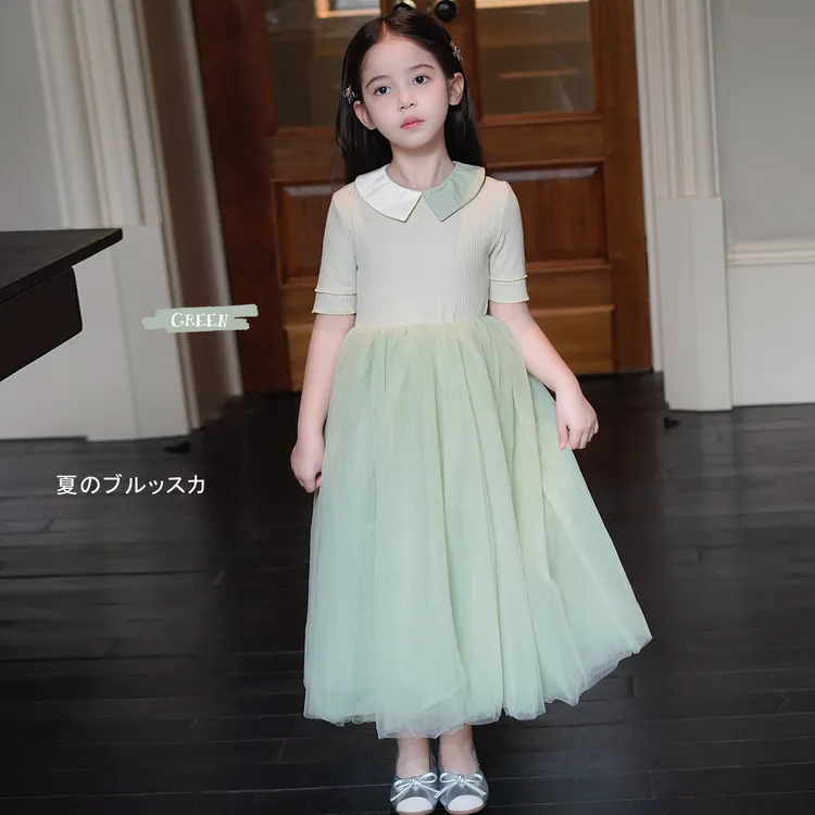AnnieGirl女童娃娃领甜美连衣裙夏季新款绿色纱裙气质礼服2026