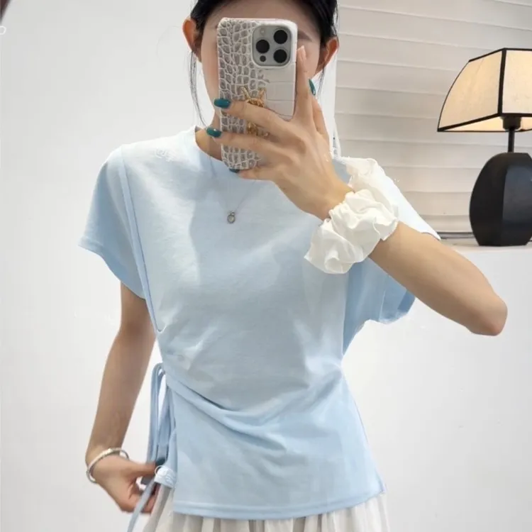 韩式设计款绑腰收腰袖口翻边短袖T恤衫上衣不规则设计感高腰短袖