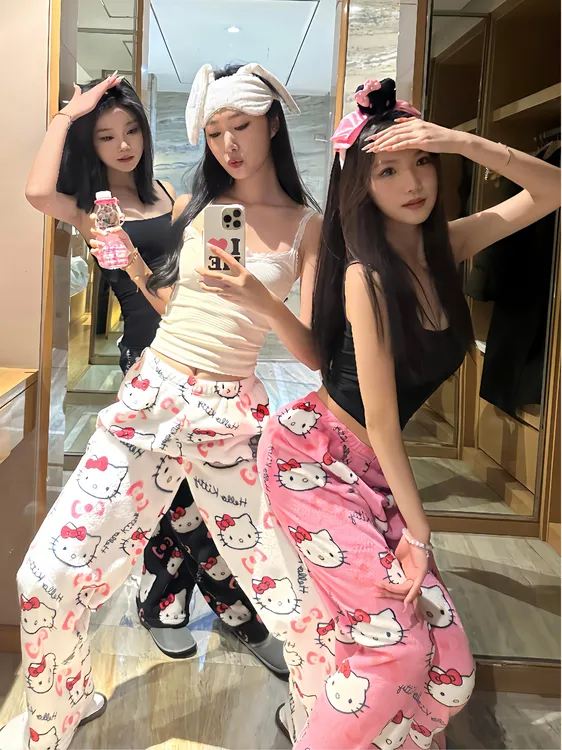 【kitty家居睡裤】2025甜美可爱法兰绒女秋冬加绒加厚高腰遛弯外穿