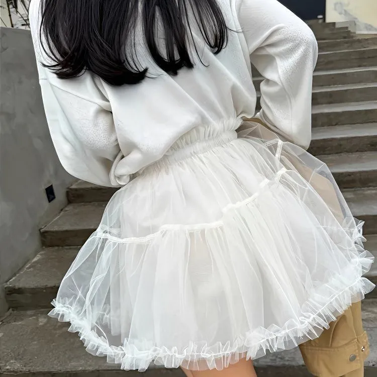 白色芭蕾风网纱半身裙女新款高腰显瘦大摆A字短裙子短款日常百搭