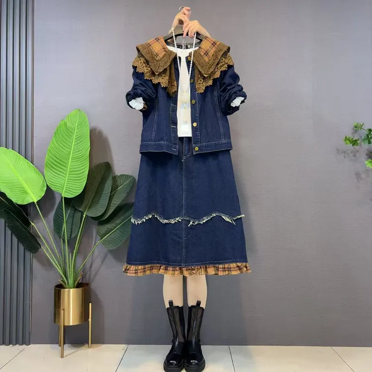 欧货复古牛仔秋季新款洋气格子蕾丝拼接长袖外套半身裙遮肉两件套