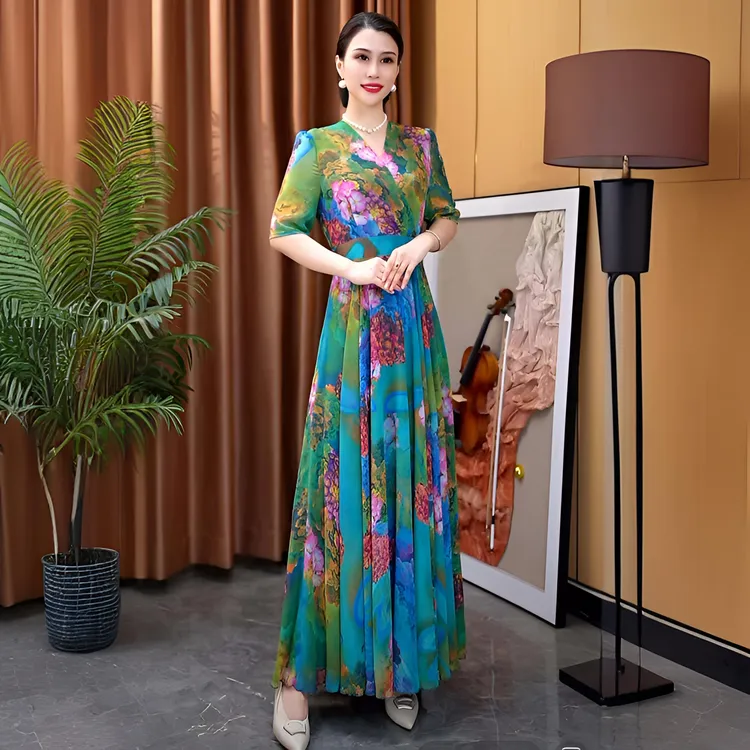 香衣丽华28-珊瑚花夏季新款5分袖大摆连衣裙修身显瘦气质优雅长裙