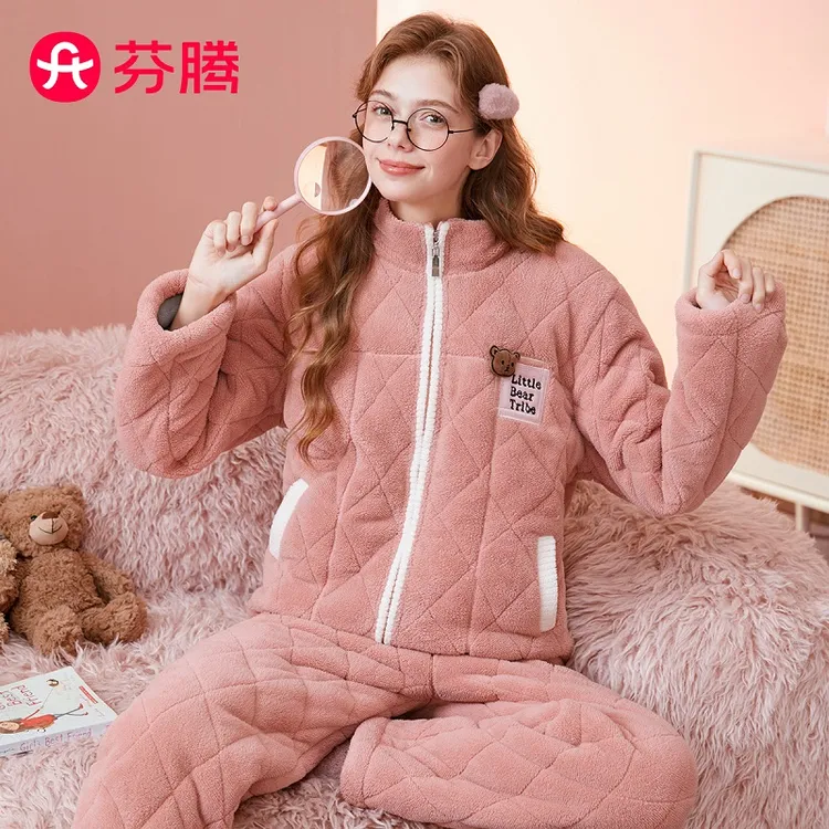 芬腾【治愈联萌】夹棉挡风冬季保暖睡衣家居服套装宽松居家立体气垫