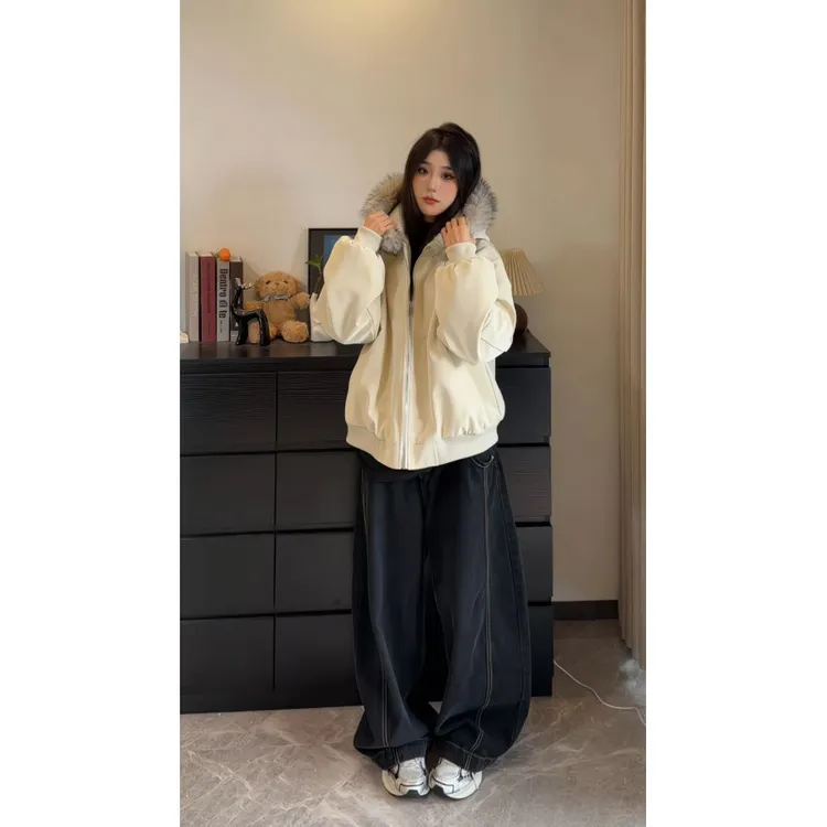 米杏色仿兔毛绒大毛领座山雕外套棉服男女冬季加绒加厚派克服夹克