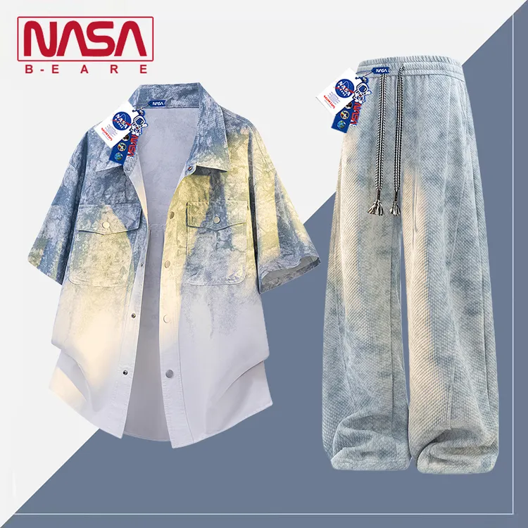 NASA联名扎染渐变牛仔衬衫套装男款2026夏季短袖衬衣外套冰丝长裤