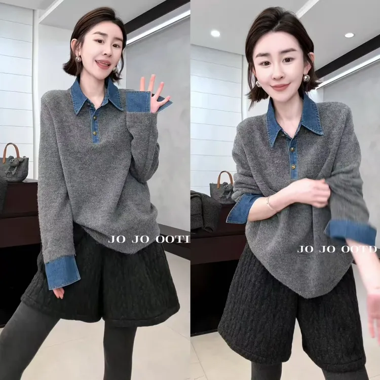 玖了个玖 2025秋季新款polo领牛仔拼接针织衫假两件上衣2510C6688
