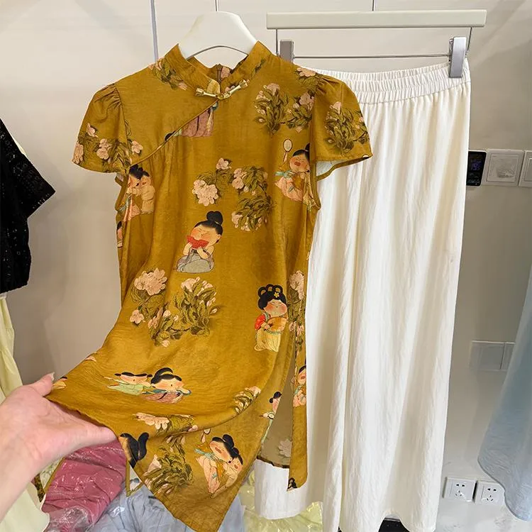 新中式盘扣改良旗袍上衣国风套装女夏季新款宽松裤子阔腿裤两件套