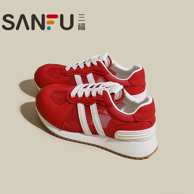 三福红色网面透气德训鞋女2025年夏季新款百搭休闲网鞋运动阿甘鞋