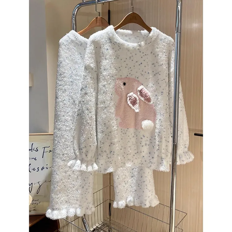 韩系卡通毛绒小兔针织半边绒睡衣女冬季加厚保暖家居服套装可外穿