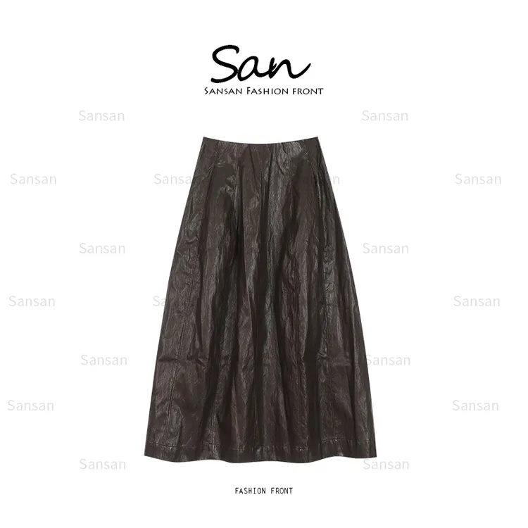 【SANSAN】复古高腰显瘦中长款半身裙百搭皮裙DY-60089