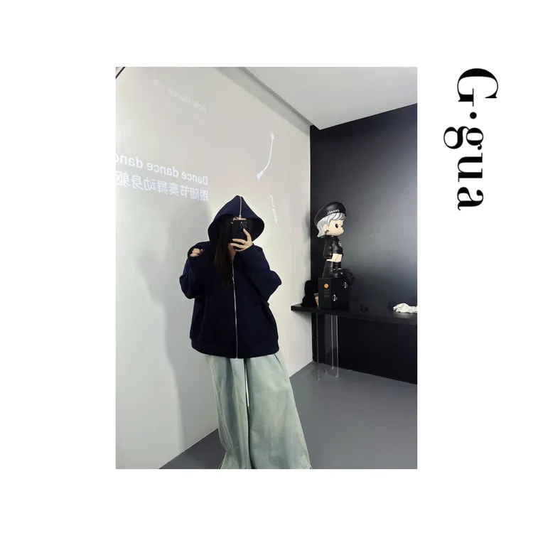 【张_Ggua】大码空气层拉链连帽卫衣女宽松落肩外套