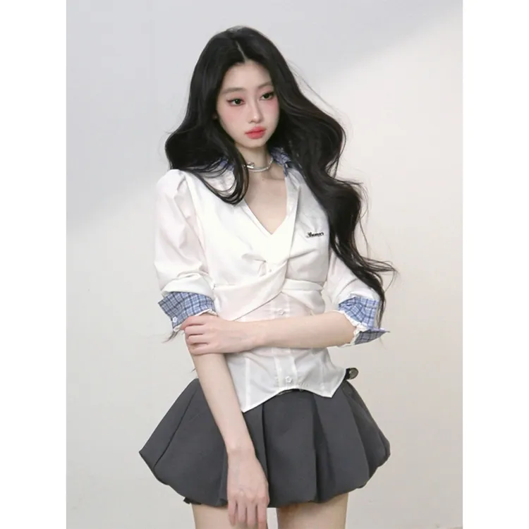 parkyeon高级感法式衬衫女早秋收腰显瘦V领职业装通勤小衫上衣