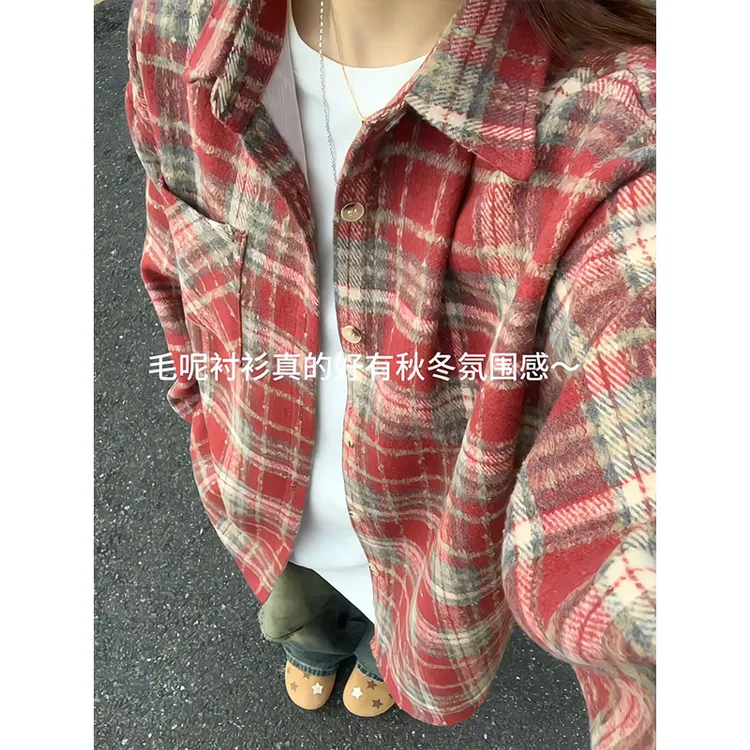 韩版港味复古慵懒风格子衬衫外套秋冬季磨毛加厚宽松百搭休闲上衣
