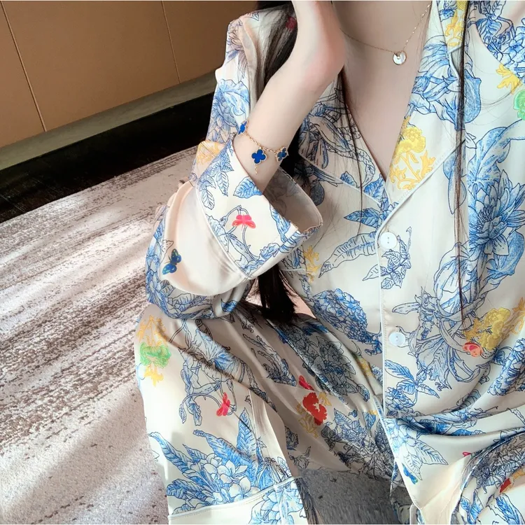 GPSUNLU韩版小众花海长袖睡衣女款缎面网红风夏季冰丝秋季居家服