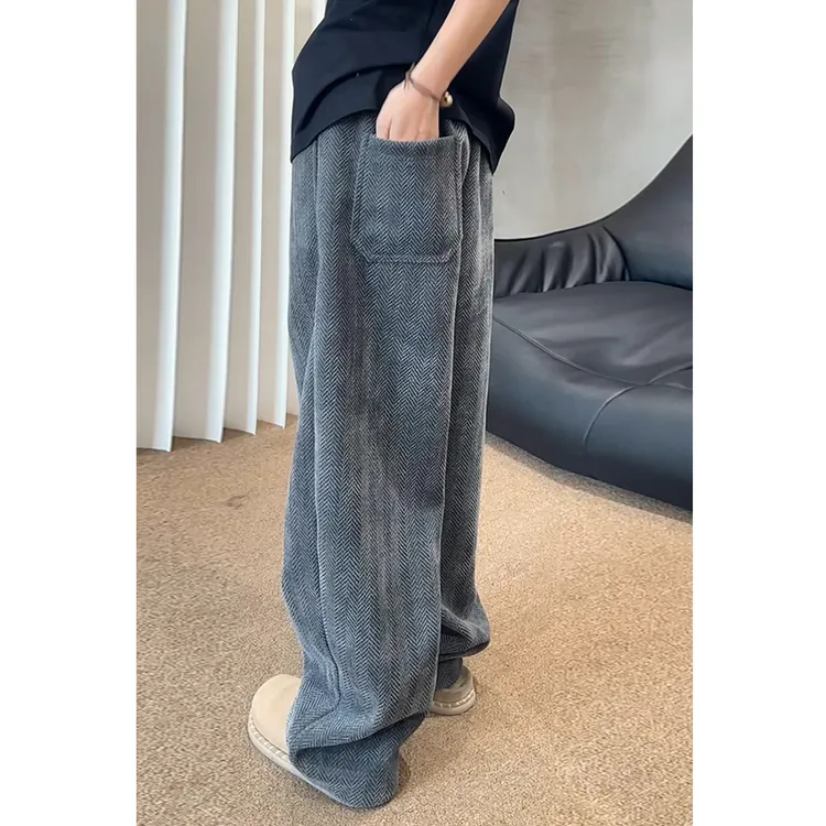 秋冬加绒加厚休闲裤男斑马纹肌理宽松直筒裤阔腿裤重磅卫裤男长裤