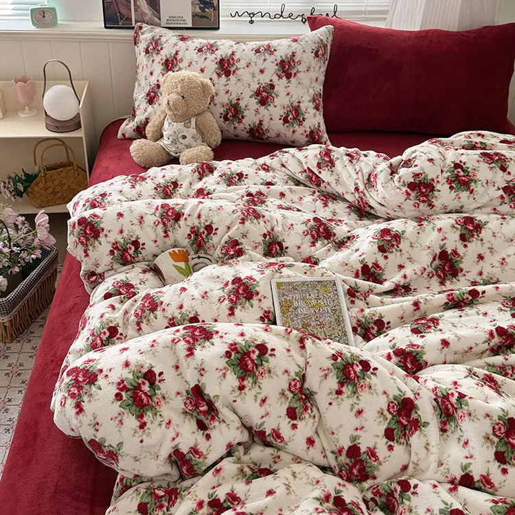 ins牛奶绒碎花被套床上四件套双面绒珊瑚绒被罩红色床单人三件套