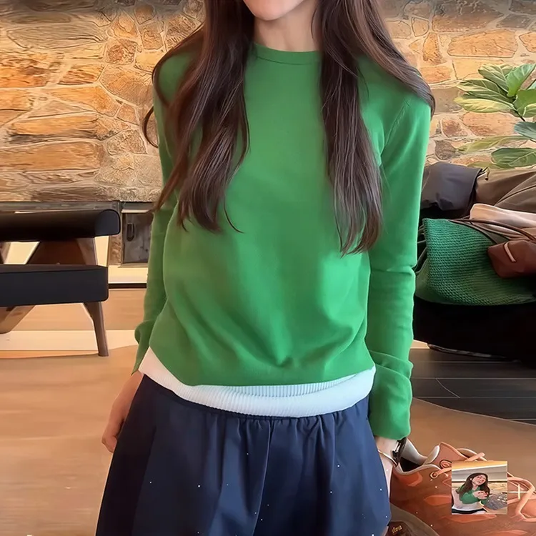 绿色针织衫女2025新款长袖初秋洋气上衣气质内搭高级感打底衫秋冬