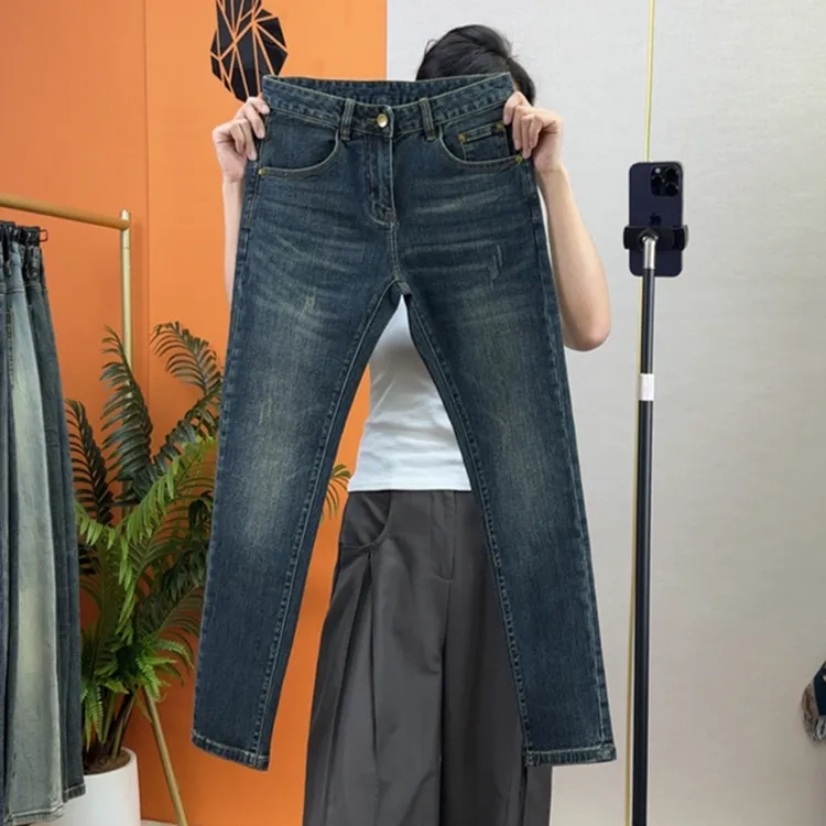 秋冬季男士牛仔裤修身弹力休闲小脚长裤简约百搭猫须深蓝色九分裤