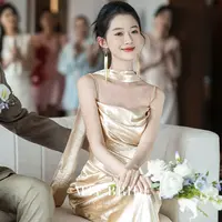满庭芳【琥珀浮光】浅金色抹胸订婚礼服新娘敬酒服绝美晨袍连衣裙