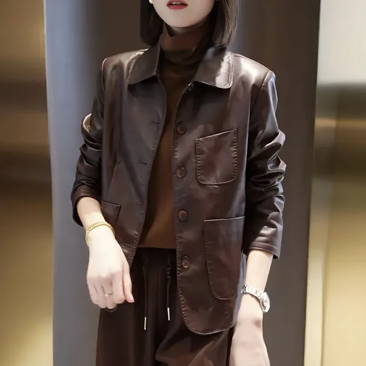 【单里衬】2025春秋款大码皮西服短款时尚休闲女士女式皮衣外套女