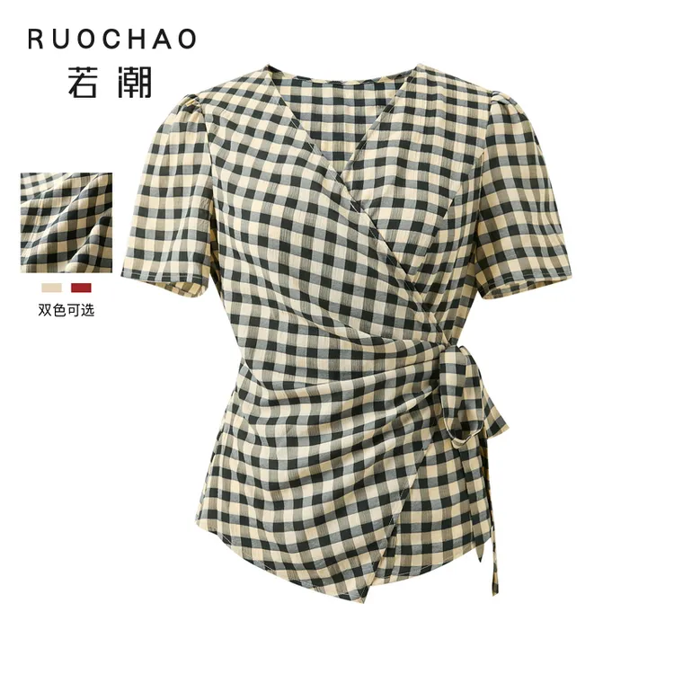 三彩大码女装2025秋季新款衬衫格纹V领上衣短袖短款收腰胖MM