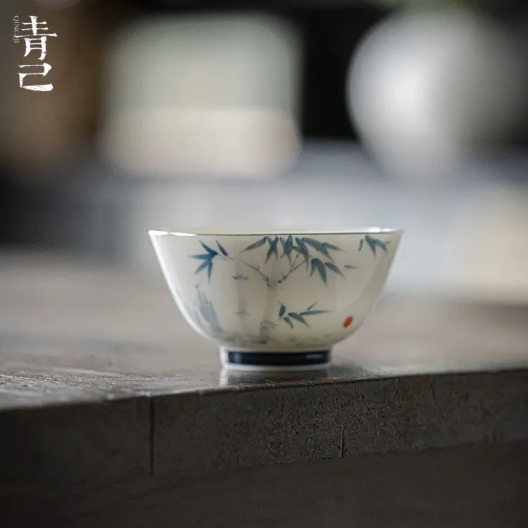 青己 釉下彩青花主人杯 手绘文人器品茗杯 陶瓷斑竹枝书怀主人杯