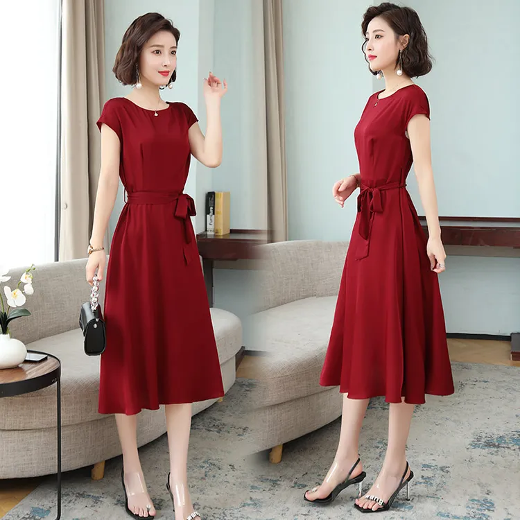 重磅酸醋缎面冰丝连衣裙女中长款2025夏时尚气质修身短袖圆领裙子