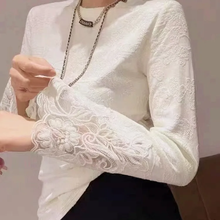 2025秋季新款新中式重工蕾丝拼接设计师款提花长袖T恤国风小衫