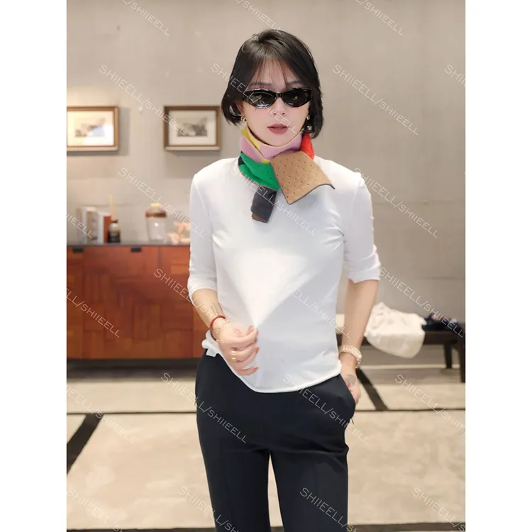 SHIIEELL白色时尚休闲极简棉感亲肤微弹正肩百搭圆领长袖T恤Z918T