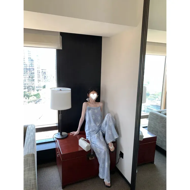 设计感条纹手工立体花吊带休闲裤套装女夏季吊带刺绣套装长裤女