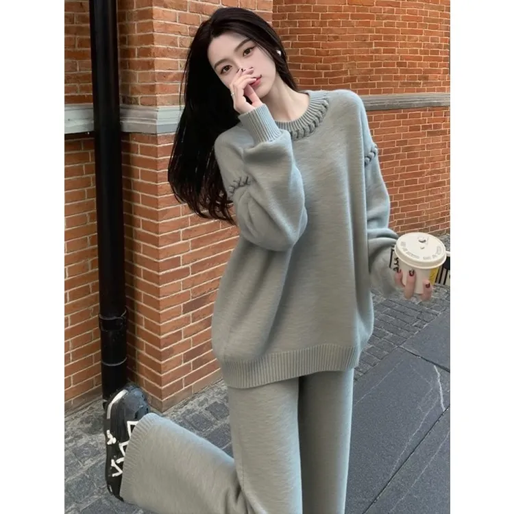 休闲灰色针织套装女2025年新款秋冬大方得体穿搭上衣阔腿裤两件套