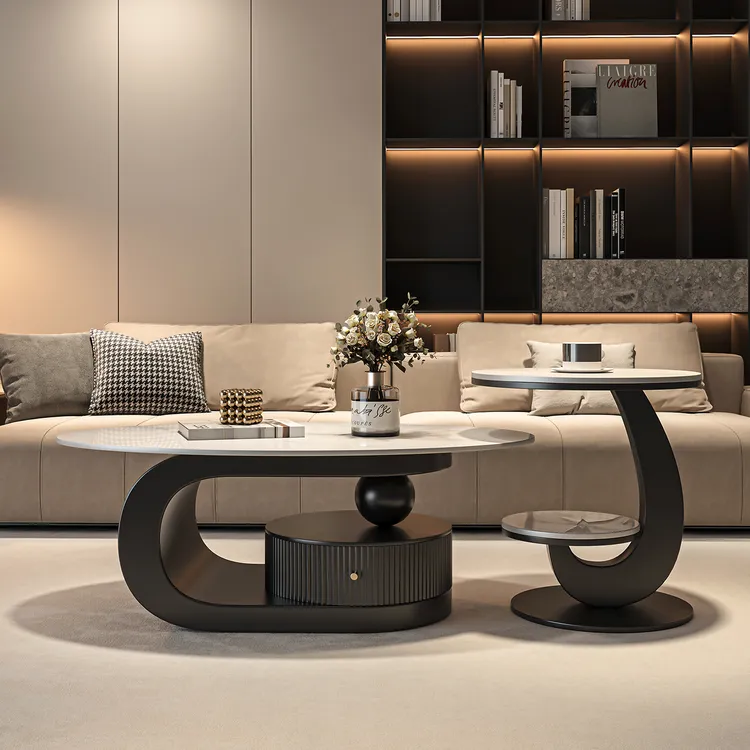 意式轻奢岩板椭圆形茶几桌小户型现代简约极简客厅家用高级感设计