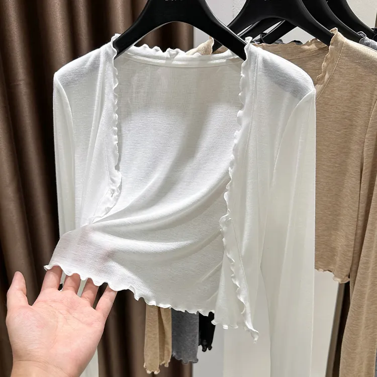 冰丝爽肤防晒开衫女薄款夏季白色针织长袖罩衫配裙子木耳边小外套