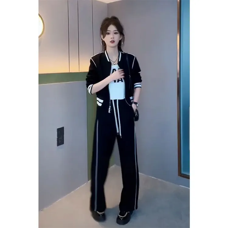 2025年秋季时尚简约运动风穿搭撞色短款显高长袖外套百搭休闲裤子