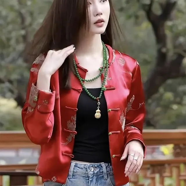 新中式缎面一字扣短外套女2025春秋款高级感红色国风拜年服上衣