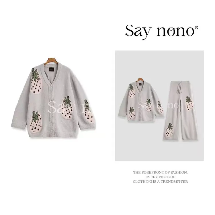 Saynono【懒猫nono】草莓半边绒睡衣家居服套装开衫可外穿秋冬款