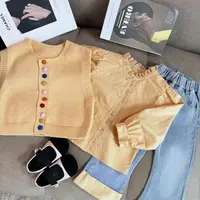 女童春秋款套装2025新款儿童装洋气中童针织马甲衬衫牛仔裤三件套