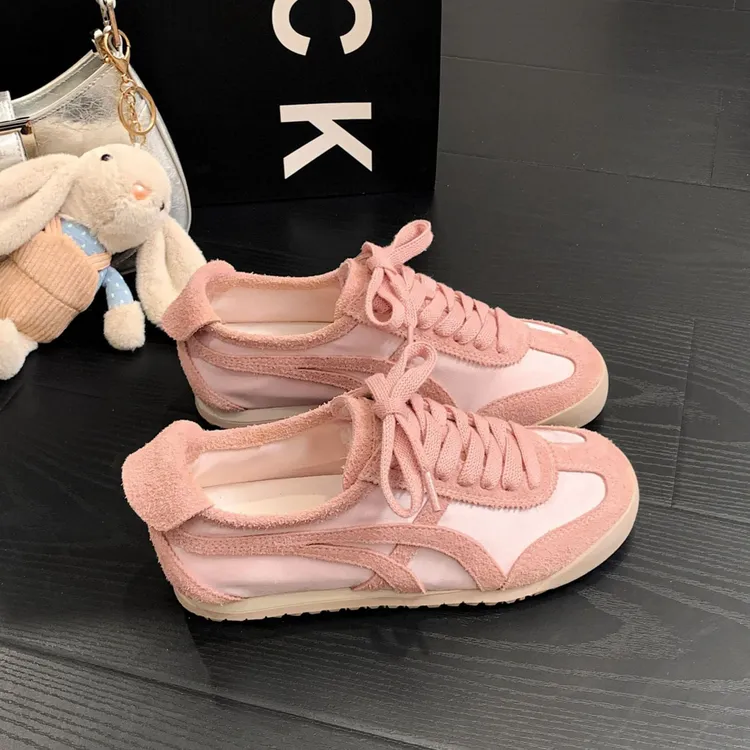 真皮软底复古德训鞋女2025新款春夏粉色休闲鞋平底阿甘运动板鞋女