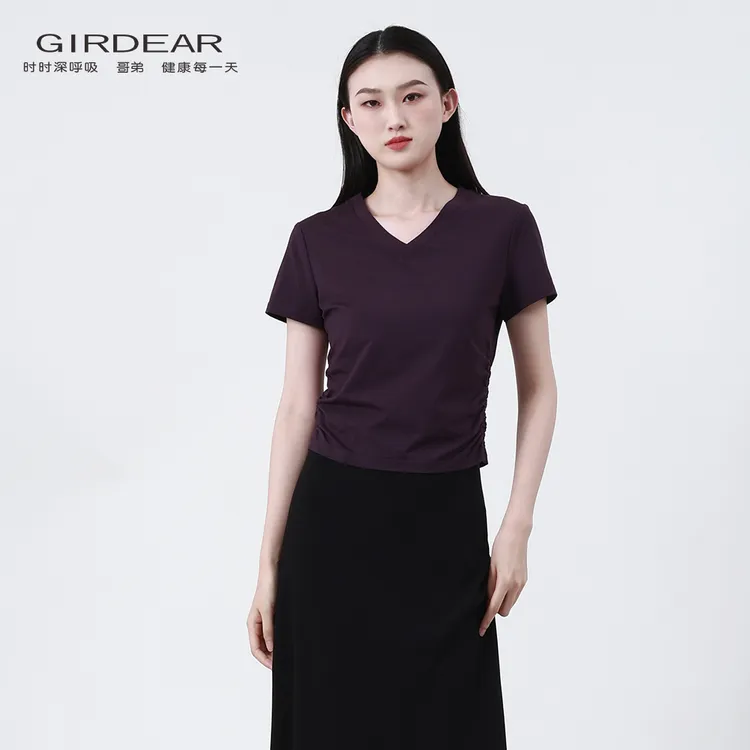 【显瘦减龄】哥弟 V领凉感修身纯色百搭夏季薄款短袖T恤女1300888