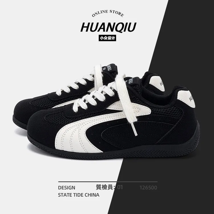 环球休闲德训鞋女款2025新款夏季透气黑色休闲鞋子女内增高女鞋潮