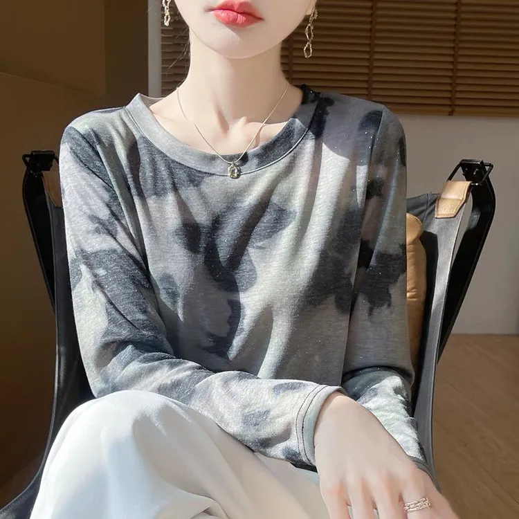 哥弟阿玛施正品春季新款圆领水墨扎染莱赛尔天丝薄款长袖印花针织