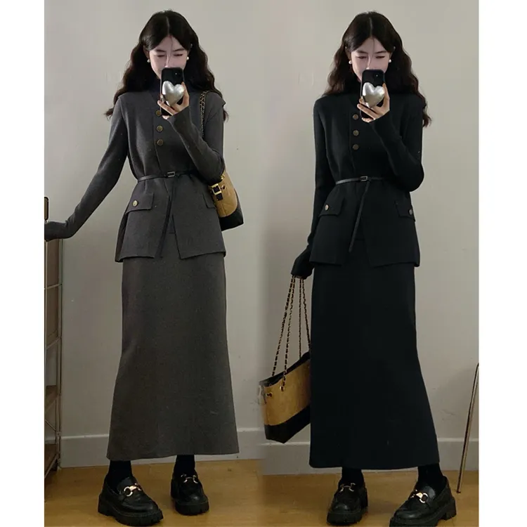 大码胖mm秋季新款小香风马甲针织三件套半高领打底衫高腰半身裙女