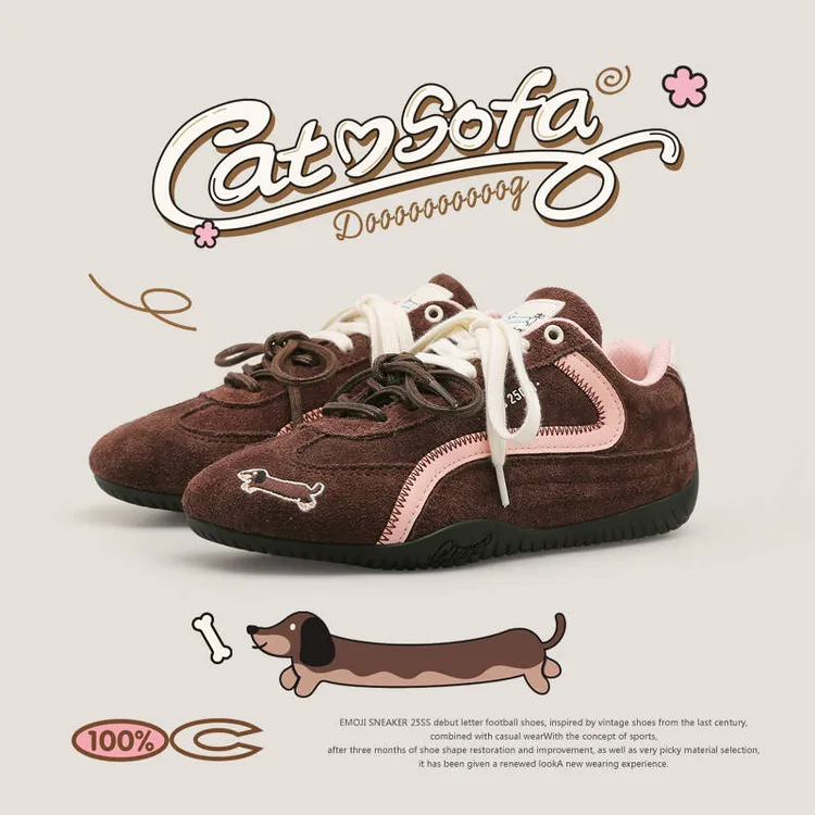 【emoji-lab系列】猫与沙发/腊肠狗棕色复古薄底赛车鞋