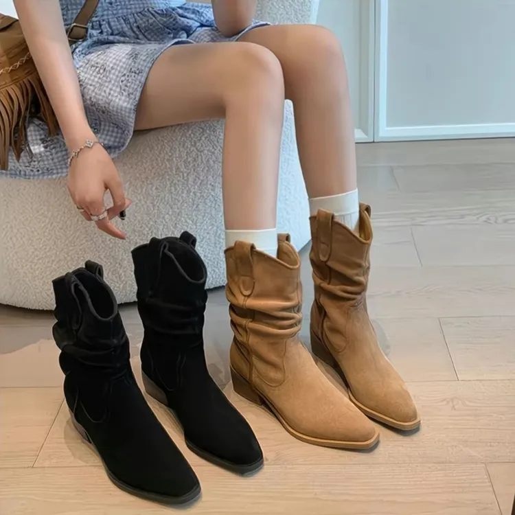 2025春秋新款粗跟堆堆靴牛仔靴褶皱骑士靴瘦瘦靴厚底中筒靴复古