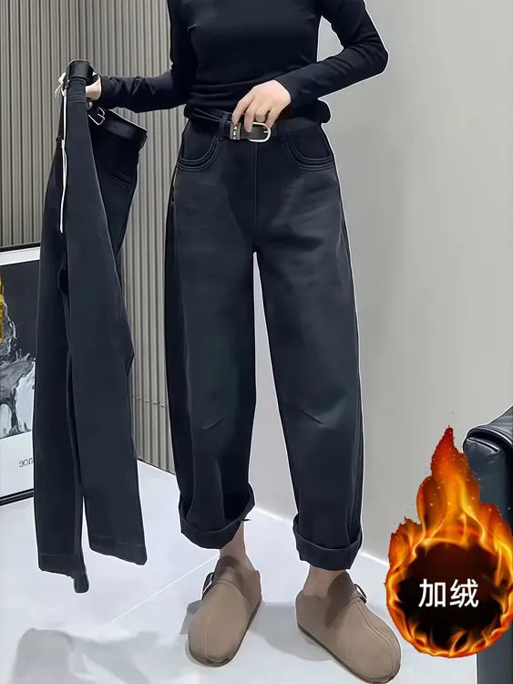 加绒加厚黑灰直筒牛仔裤女款爆款2025新款秋冬高腰宽松显瘦弯刀裤