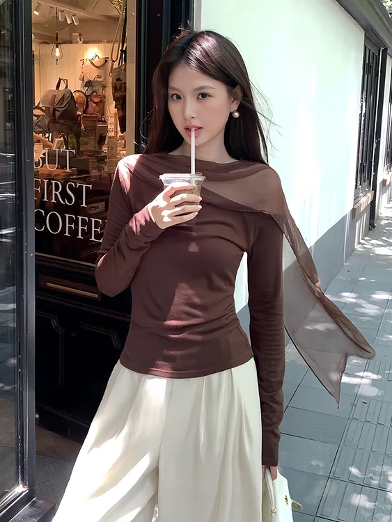 韩系巨好看斜肩飘带挂脖长袖打底衫女早秋氛围感修身显瘦露肩上衣