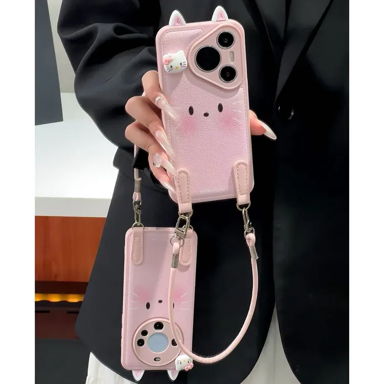 雅天立可爱粉kitty表情挂绳适用苹果17/16手机壳华为vivoppo小米