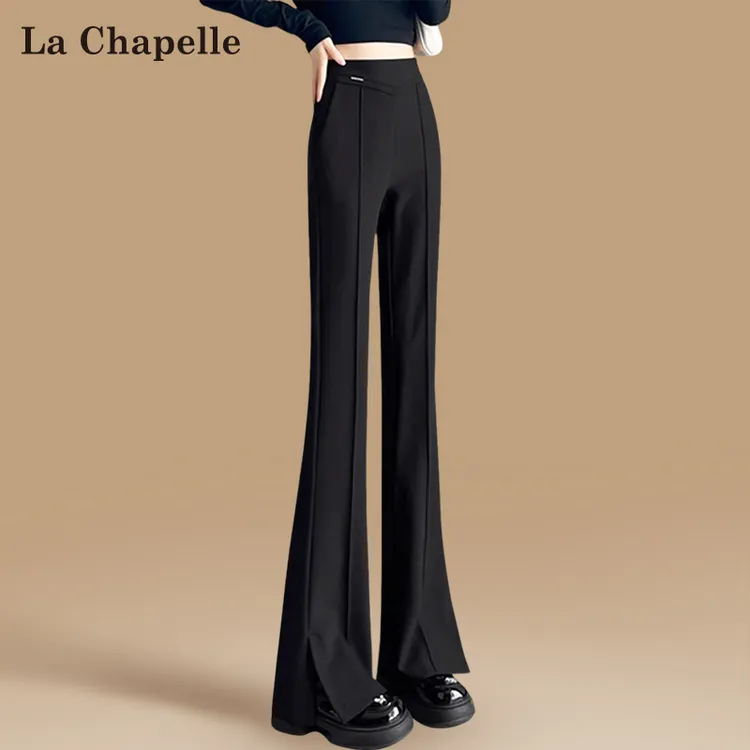 拉夏贝尔黑色微喇西装裤女2025秋冬季新款高腰加绒开叉阔腿喇叭裤